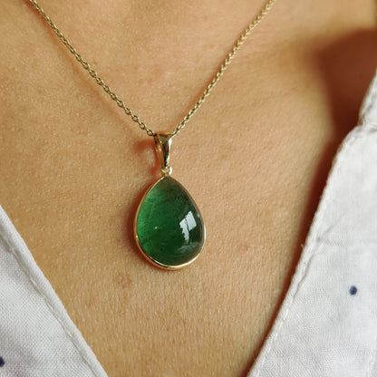 Colgante de aventurina verde en oro de 14 quilates, colgante con bisel de cuarzo fresa, colgante de oro amarillo macizo de 14 quilates, joyería de aventurina verde, piedra natal de mayo