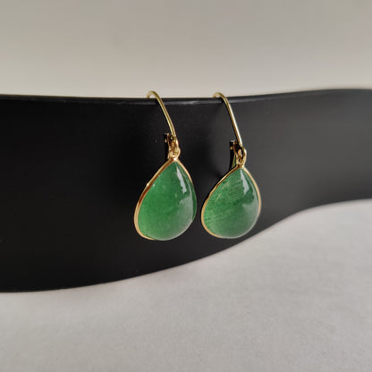 14K Gold Green Aventurine Earring, Strawberry Quartz Earrings, 14K Solid Yellow Gold Earrings, May Birthstone, Aventurine Jewelry