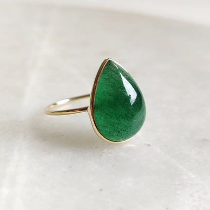 Anillo de aventurina verde natural, anillo de oro macizo de 14 quilates, anillo de cuarzo fresa de oro de 14 quilates, joyería de aventurina, joyería minimalista, piedra natal de mayo,