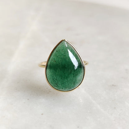 Anillo de aventurina verde natural, anillo de oro macizo de 14 quilates, anillo de cuarzo fresa de oro de 14 quilates, joyería de aventurina, joyería minimalista, piedra natal de mayo,