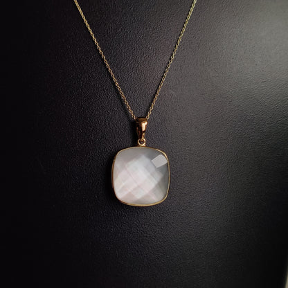 Natural Mother of Pearl & Crystal Pendant, 14K Solid Yellow Pearl Pendant, Pearl and Crystal Doublet Pendant, June Birthstone Pendant