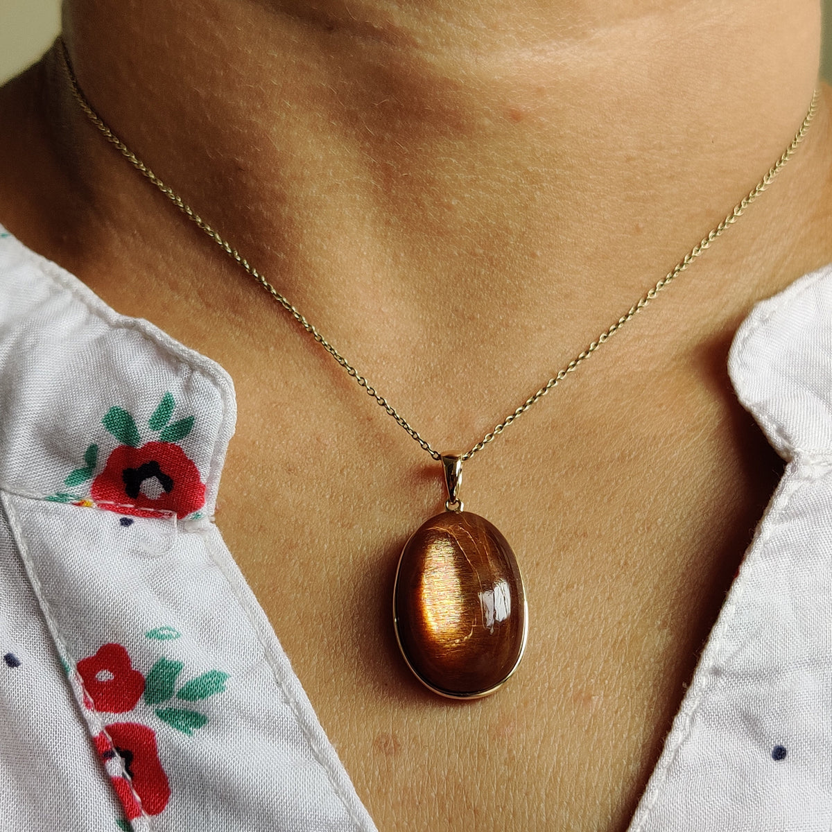 14K Solid Yellow Gold Natural Sunstone Pendant, July August Birthstone, Christmas Present