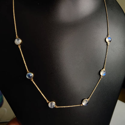 Natural Rainbow Moonstone Necklace, 14K Solid Gold Moonstone Necklace, Yellow Gold Necklace, Blue Moonstone Jewelry, June Birthstone