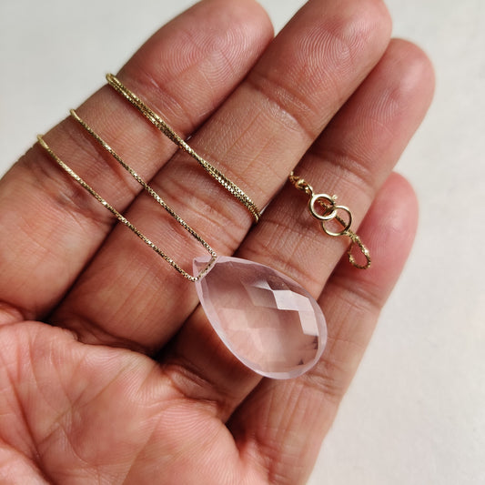 Natural Rose Quartz Pendant Necklace, 14K Solid Gold Rose Quartz Pendant, Solid Gold Pendant Necklace, January Birthstone, Christmas Gift