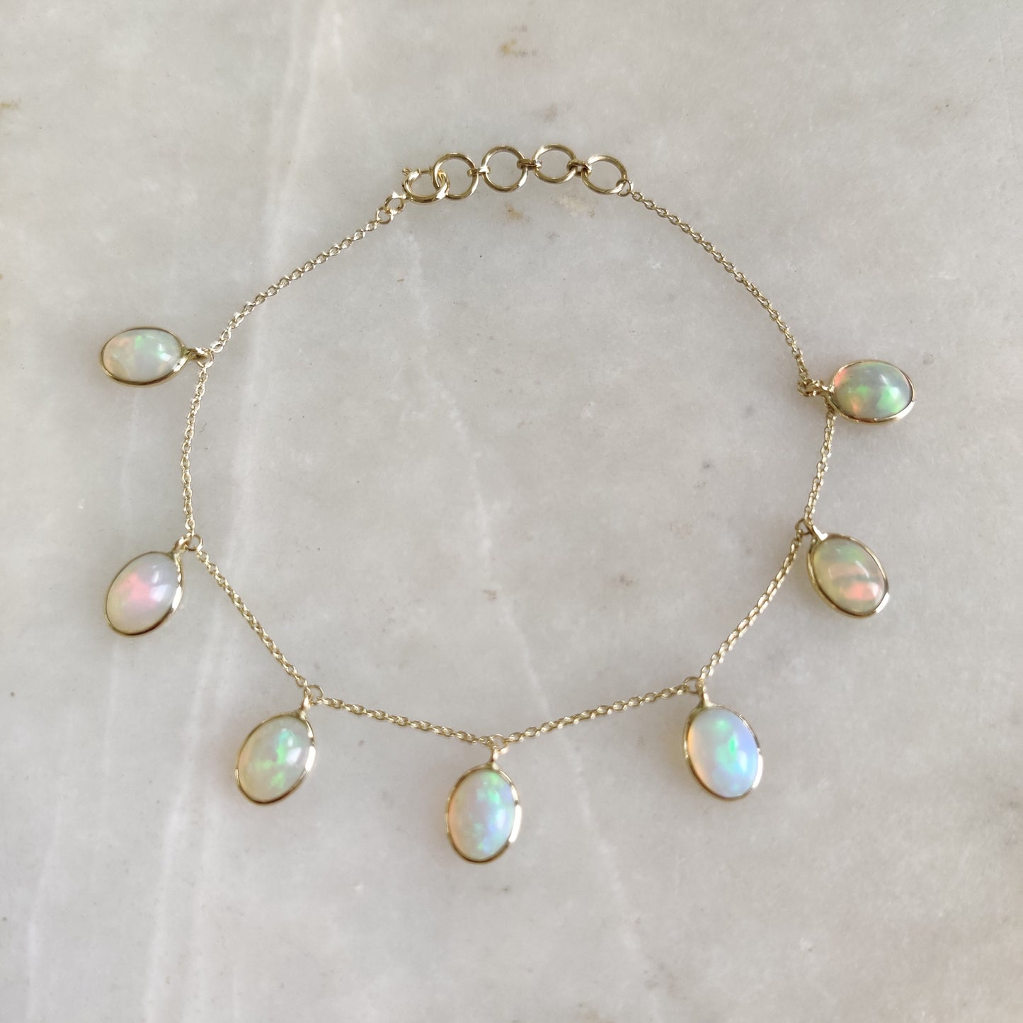 Natural Opal Bracelet, 14K Yellow Gold Opal Bracelet, Opal Chain Bracelet, Dainty Gemstone Bracelet, October Birthstone, Gold Bracelets