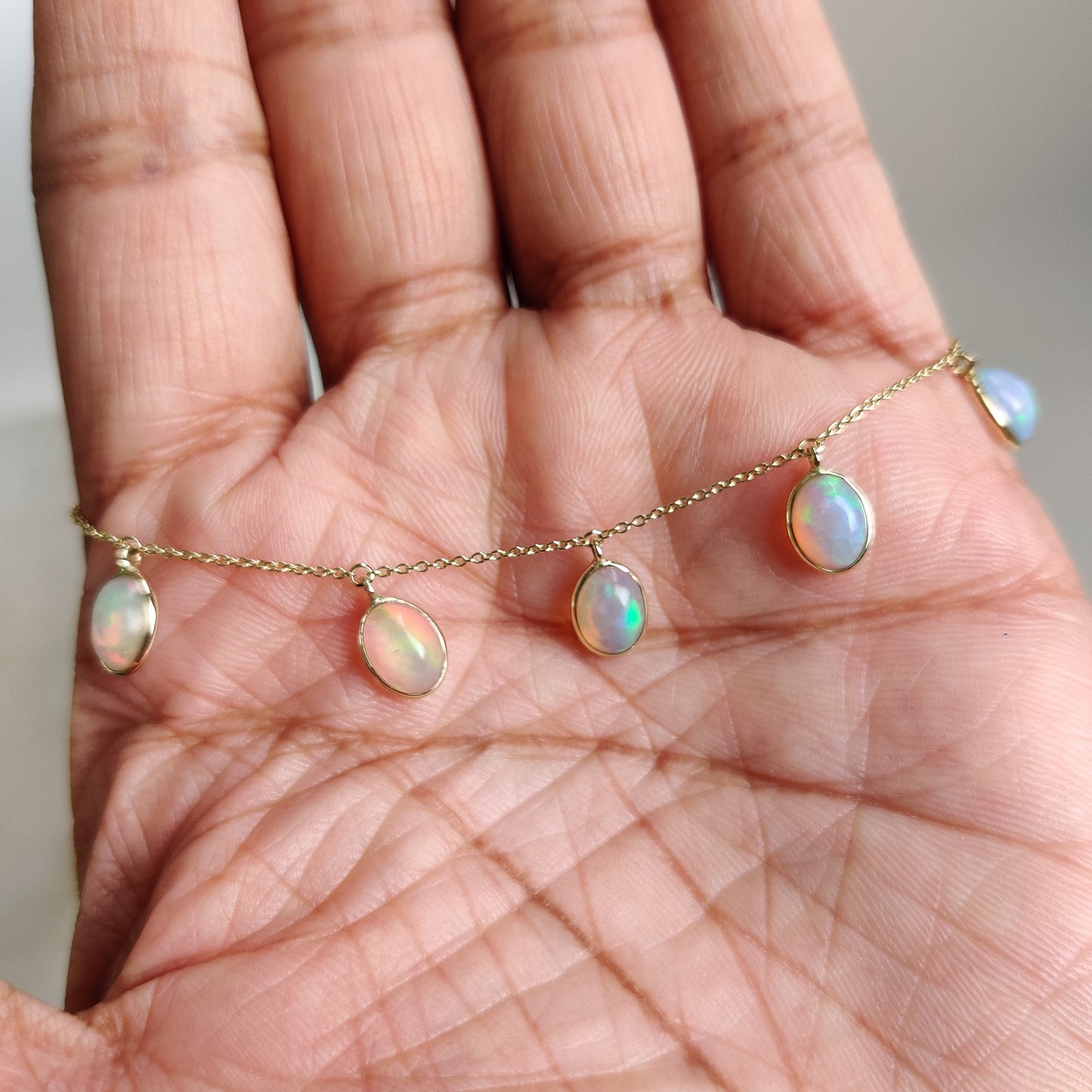 Natural Opal Bracelet, 14K Yellow Gold Opal Bracelet, Opal Chain Bracelet, Dainty Gemstone Bracelet, October Birthstone, Gold Bracelets