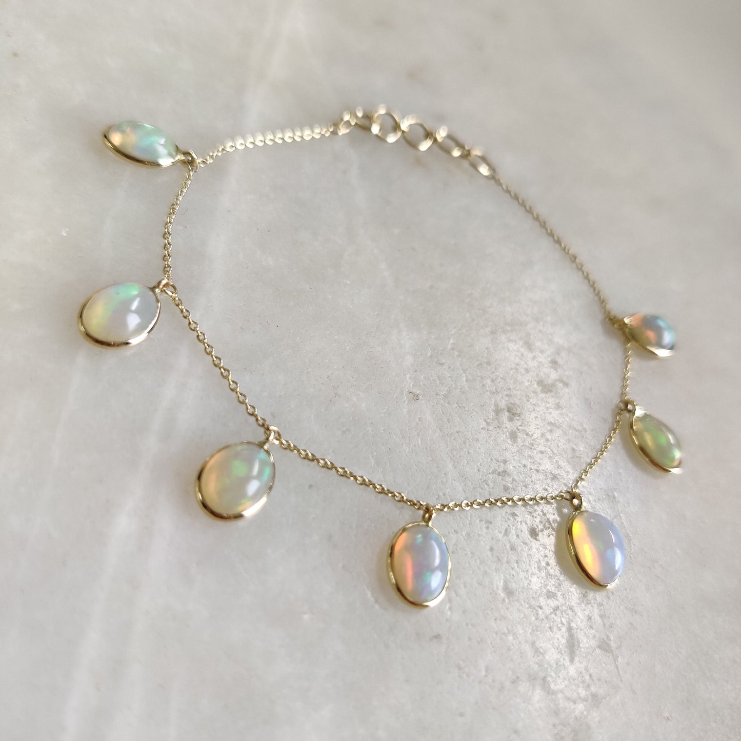 Natural Opal Bracelet, 14K Yellow Gold Opal Bracelet, Opal Chain Bracelet, Dainty Gemstone Bracelet, October Birthstone, Gold Bracelets