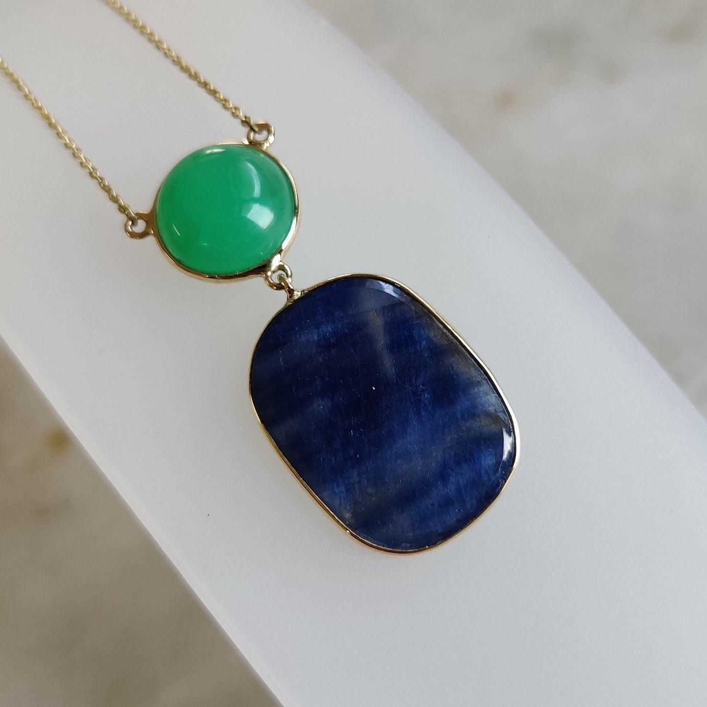 Natural Blue Sapphire Chryasoprase Necklace, 14K Solid Gold  BlueSapphire Chrysoprase Pendant, September Birthstone, Blue sapphire Jewelry