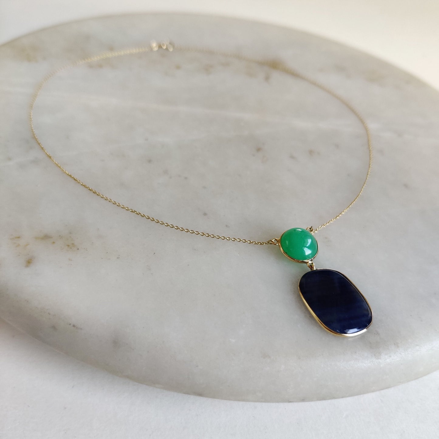 Natural Blue Sapphire Chryasoprase Necklace, 14K Solid Gold  BlueSapphire Chrysoprase Pendant, September Birthstone, Blue sapphire Jewelry