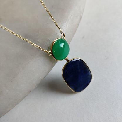 Natural Blue Sapphire Chryasoprase Necklace, 14K Solid Gold  BlueSapphire Chrysoprase Pendant, September Birthstone, Blue sapphire Jewelry