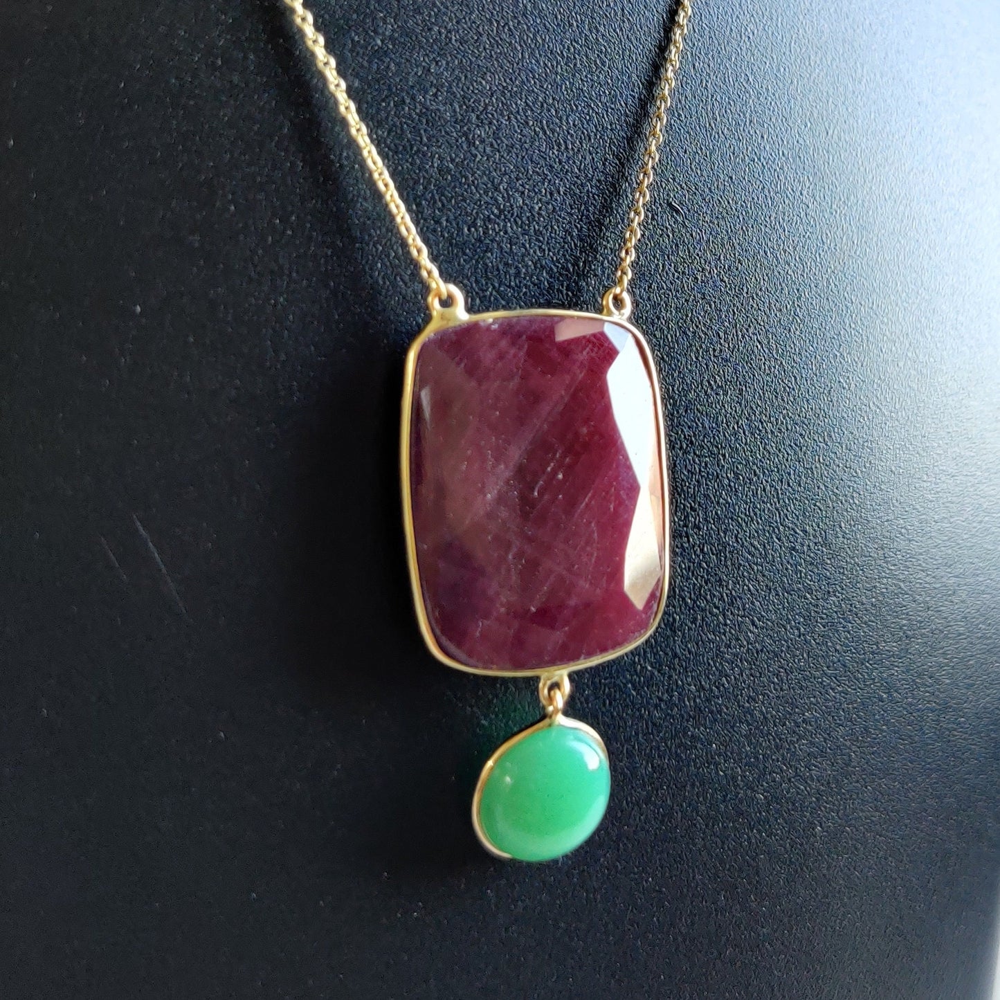 Natural Ruby Pendant, 14K Gold Ruby Chrysoprase Necklace, Solid Gold Pendant Necklace, July And June Birthstone, Christmas Present