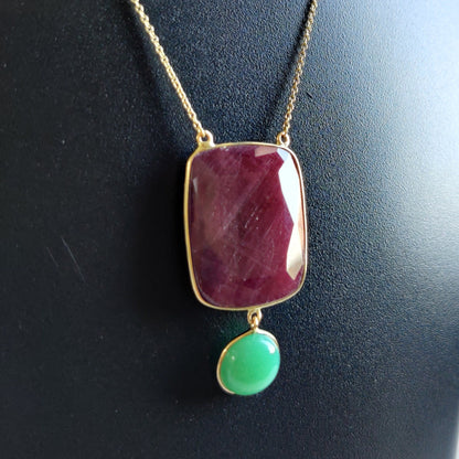 Natural Ruby Pendant, 14K Gold Ruby Chrysoprase Necklace, Solid Gold Pendant Necklace, July And June Birthstone, Christmas Present