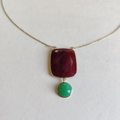 Natural Ruby Pendant, 14K Gold Ruby Chrysoprase Necklace, Solid Gold Pendant Necklace, July And June Birthstone, Christmas Present