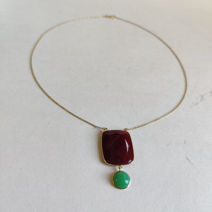 Natural Ruby Pendant, 14K Gold Ruby Chrysoprase Necklace, Solid Gold Pendant Necklace, July And June Birthstone, Christmas Present