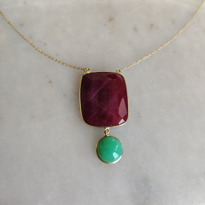 Natural Ruby Pendant, 14K Gold Ruby Chrysoprase Necklace, Solid Gold Pendant Necklace, July And June Birthstone, Christmas Present