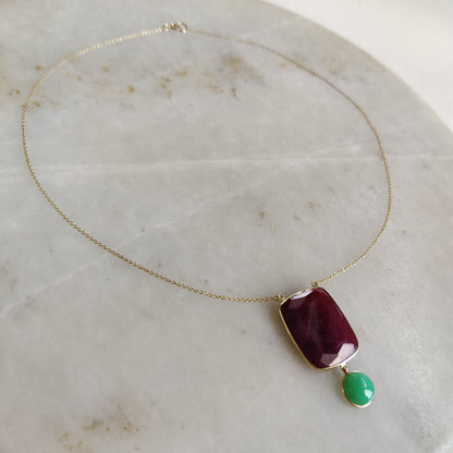 Natural Ruby Pendant, 14K Gold Ruby Chrysoprase Necklace, Solid Gold Pendant Necklace, July And June Birthstone, Christmas Present