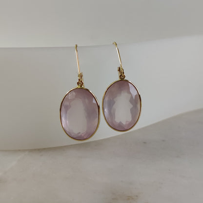 14K Gold Rose Quartz Earring, Natural Rose Quartz Earrings, 14K Solid Yellow Gold Earring, January Birthstone, Bezel Earring, Christmas Gift