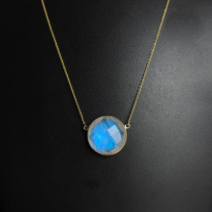 Natural Rainbow Moonstone Necklace, 14K Solid Gold Moonstone Pendant, Yellow Gold Necklace Pendant, Blue Moonstone Jewelry, June Birthstone