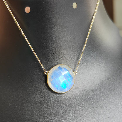 Natural Rainbow Moonstone Necklace, 14K Solid Gold Moonstone Pendant, Yellow Gold Necklace Pendant, Blue Moonstone Jewelry, June Birthstone