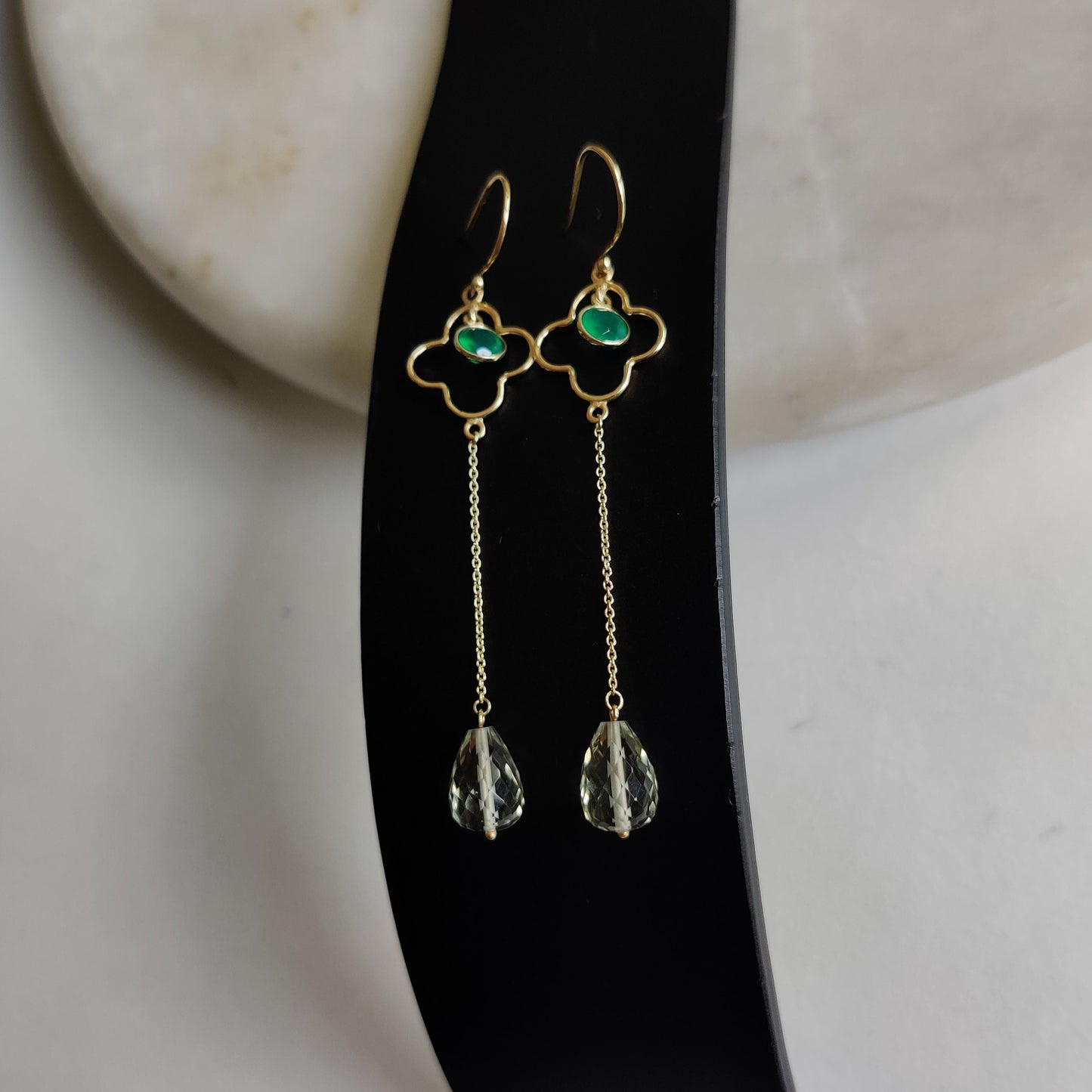 14K Gold Green Amethyst Earrings, Natural Green Amethyst & Onyx Earrings, 14K Solid Yellow Gold Earring, February Birthstone, Christmas Gift