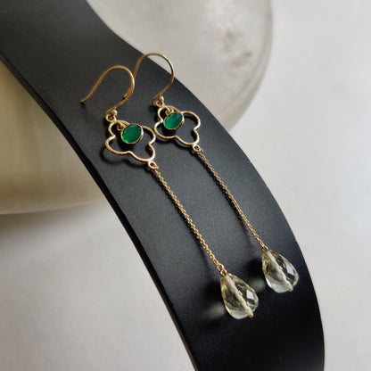 14K Gold Green Amethyst Earrings, Natural Green Amethyst & Onyx Earrings, 14K Solid Yellow Gold Earring, February Birthstone, Christmas Gift