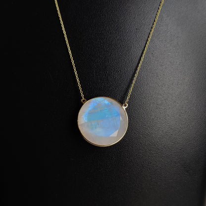 Natural Rainbow Moonstone Necklace, 14K Solid Gold Moonstone Pendant, Yellow Gold Necklace Pendant, Blue Moonstone Jewelry, June Birthstone