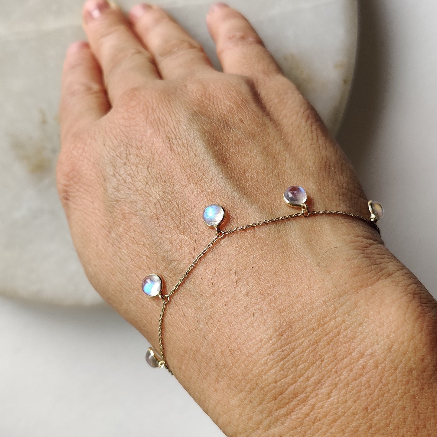 Natural Rainbow Moonstone Bracelet, 14K Yellow Gold Moonstone Bracelet, Chain Bracelet, Dainty Gemstone Bracelet, June Birthstone