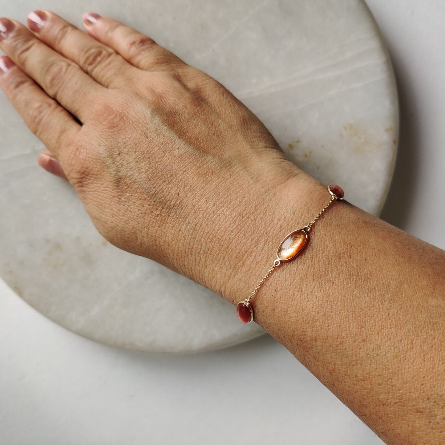 Natural Sunstone Bracelet, 14K Yellow Gold Sunstone Bracelet, Chain Bracelet, Dainty Bracelet, July Birthstone, Feldspar Crystal Bracelets