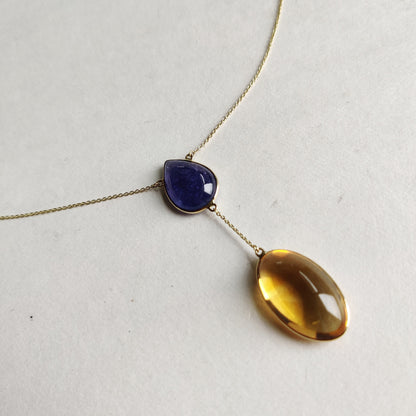 Natural Tanzanite Ctrine Necklace, 14K Yellow Gold Tanzanite Citrine Necklace, Citrine Tanzanite Necklace, November December Birthstone