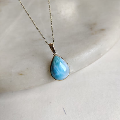 Natural Larimar Pendant, 14K Solid Gold Larimar Pendant, Solid Gold Pendant Necklace, March Birthstone, Christmas Gift, Bezel Pendant