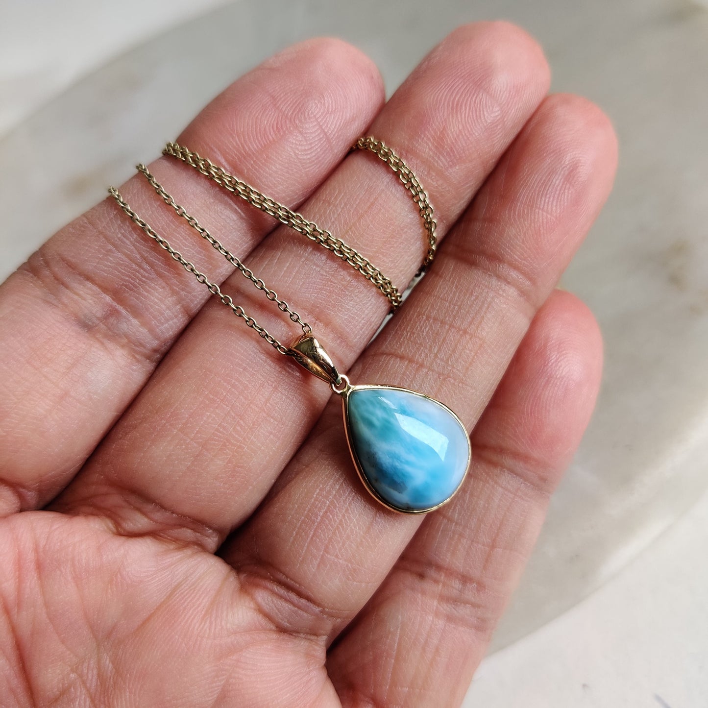 Natural Larimar Pendant, 14K Solid Gold Larimar Pendant, Solid Gold Pendant Necklace, March Birthstone, Christmas Gift, Bezel Pendant