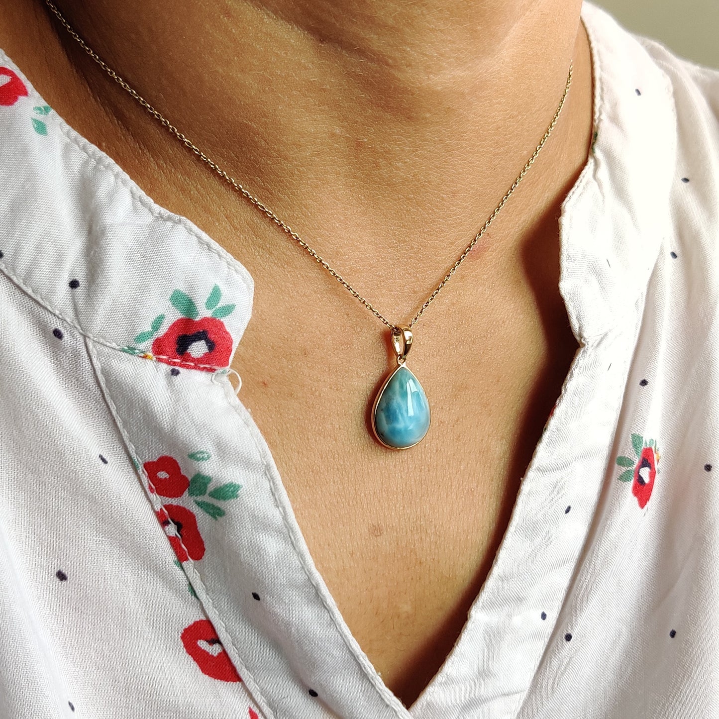 Natural Larimar Pendant, 14K Solid Gold Larimar Pendant, Solid Gold Pendant Necklace, March Birthstone, Christmas Gift, Bezel Pendant