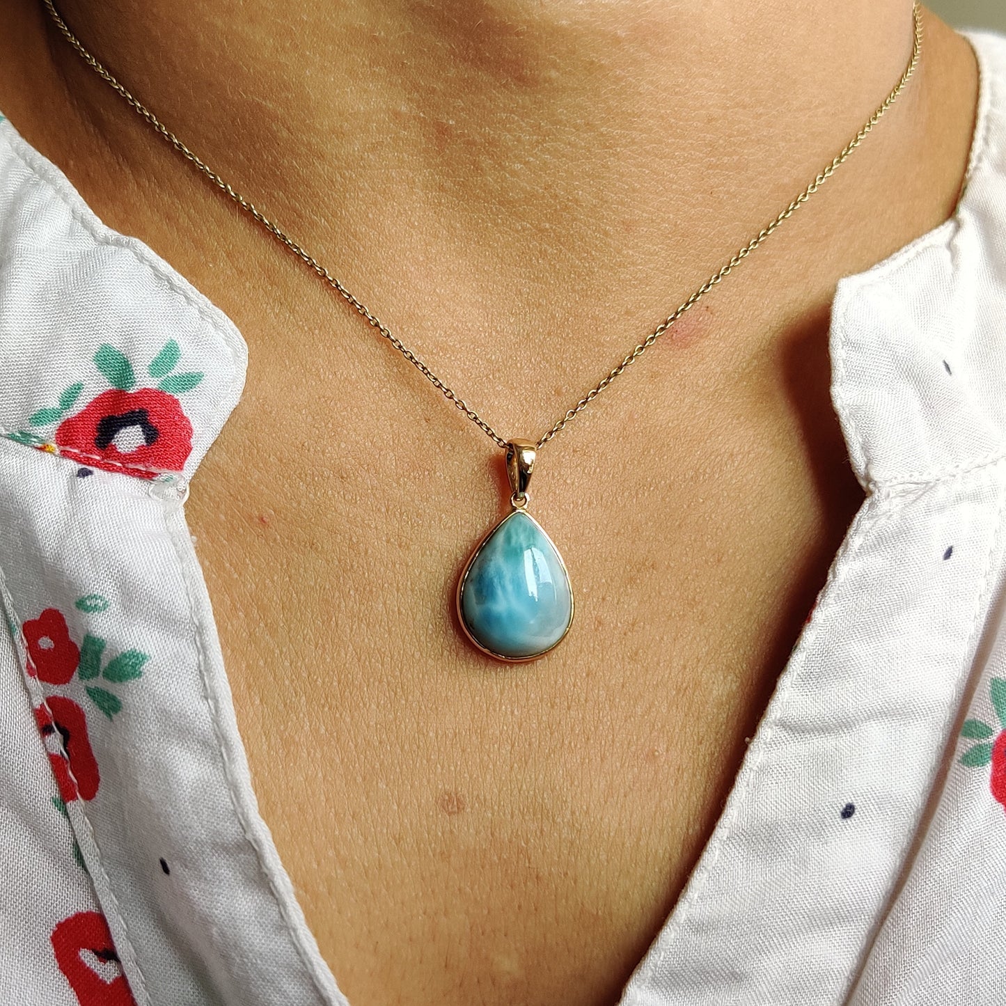 Natural Larimar Pendant, 14K Solid Gold Larimar Pendant, Solid Gold Pendant Necklace, March Birthstone, Christmas Gift, Bezel Pendant