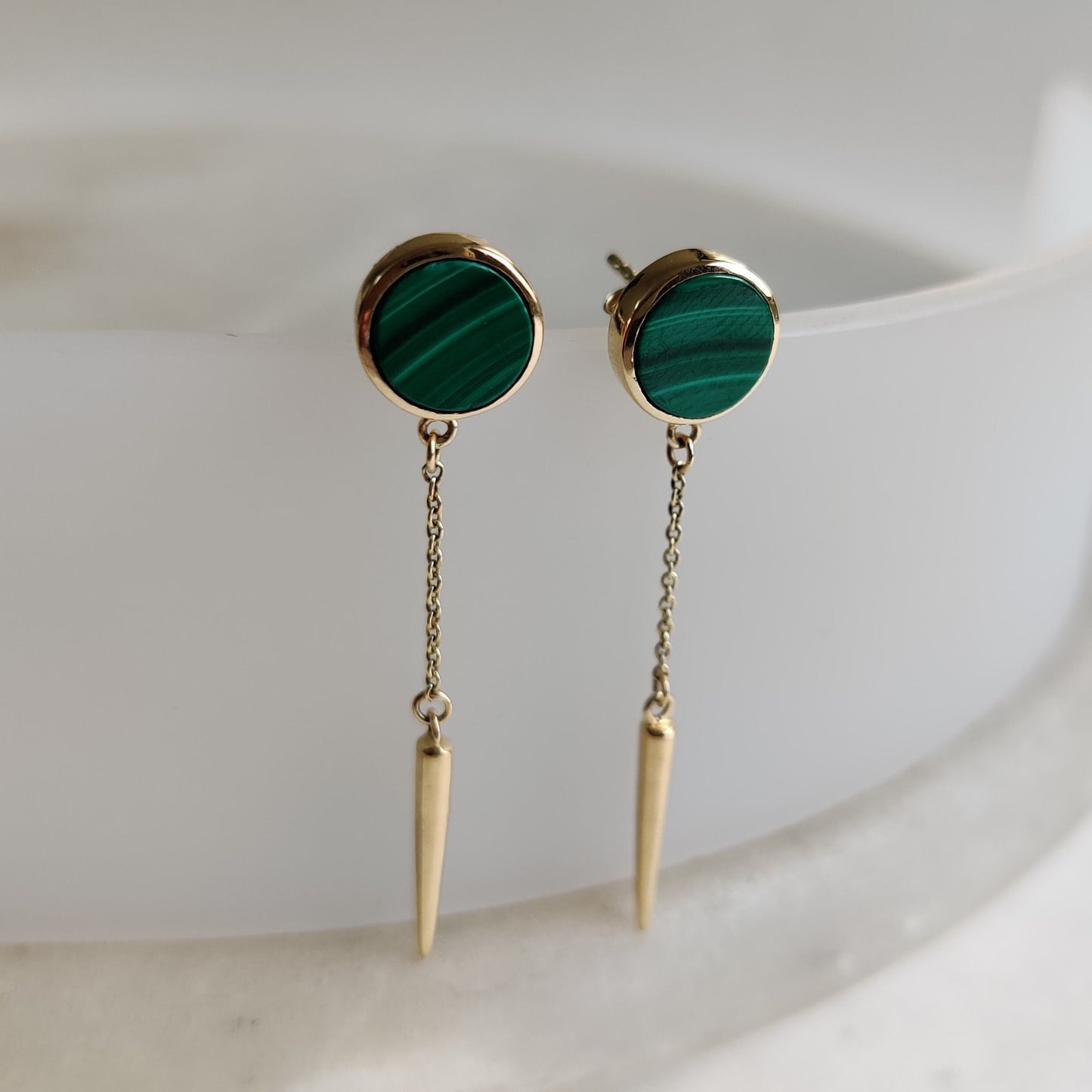 Natural Malachite Studs, 14K Solid Yellow Gold Malachite Earring, May Birthstone Earring, Anniversary Gift, Malachite Jewelry