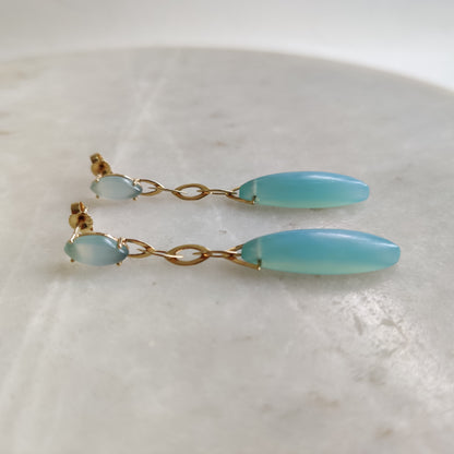 Natural Blue Chalcedony Earrings, 14K Solid Yellow Gold Earrings, March Birthstone Earrings, Chalcedony Earrings, Christmas Present