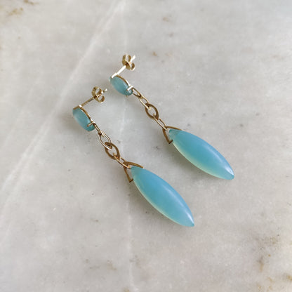 Natural Blue Chalcedony Earrings, 14K Solid Yellow Gold Earrings, March Birthstone Earrings, Chalcedony Earrings, Christmas Present