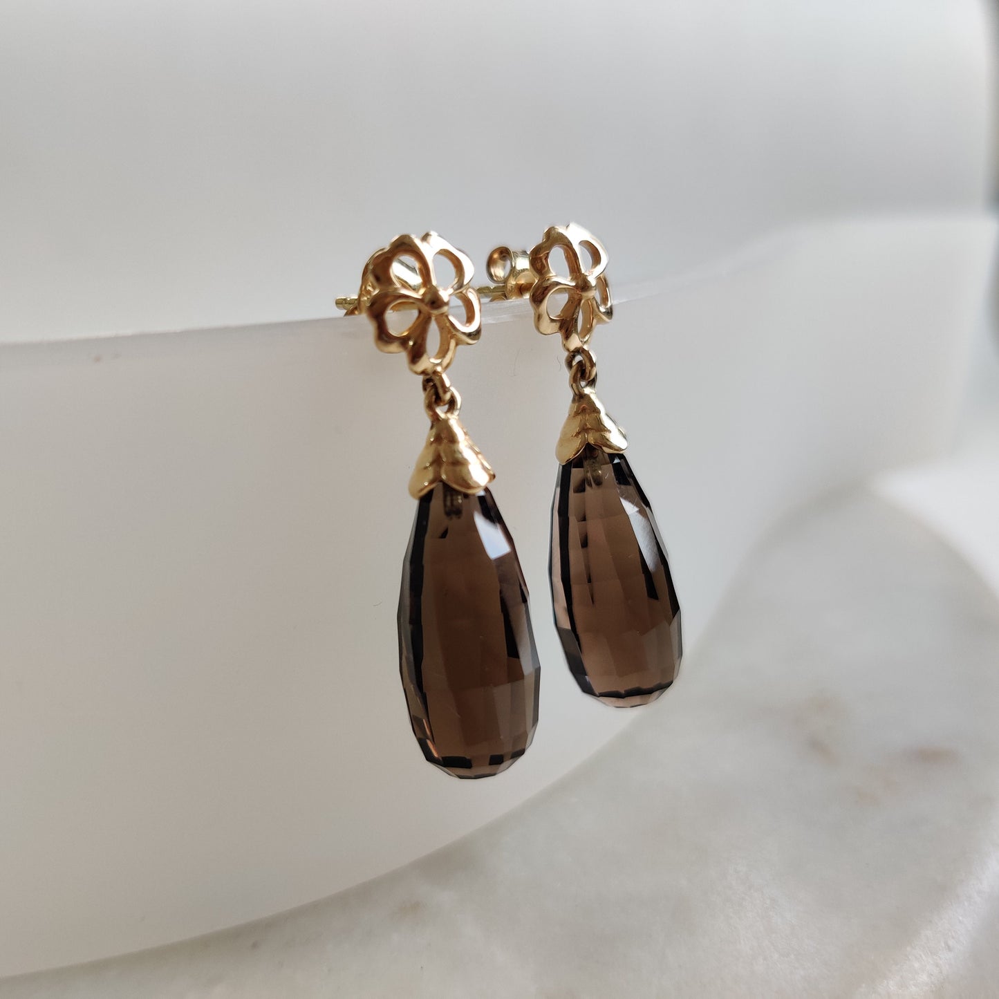 14K Gold Smoky Quartz Earrings, Natural Smoky Quartz Drop Earrings, 14K Solid Yellow Gold Earrings, June Birthstone, Dainty Earrings