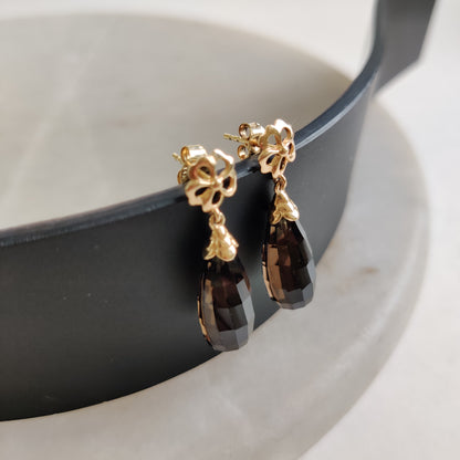 14K Gold Smoky Quartz Earrings, Natural Smoky Quartz Drop Earrings, 14K Solid Yellow Gold Earrings, June Birthstone, Dainty Earrings