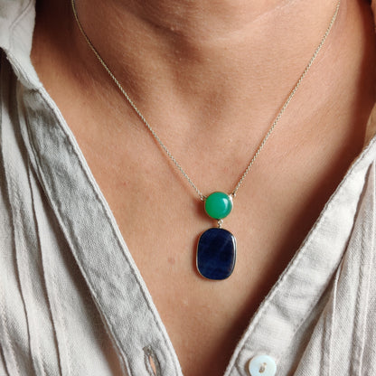 Natural Blue Sapphire Chryasoprase Necklace, 14K Solid Gold  BlueSapphire Chrysoprase Pendant, September Birthstone, Blue sapphire Jewelry