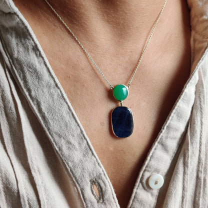 Natural Blue Sapphire Chryasoprase Necklace, 14K Solid Gold  BlueSapphire Chrysoprase Pendant, September Birthstone, Blue sapphire Jewelry