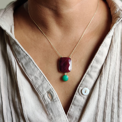 Natural Ruby Pendant, 14K Gold Ruby Chrysoprase Necklace, Solid Gold Pendant Necklace, July And June Birthstone, Christmas Present