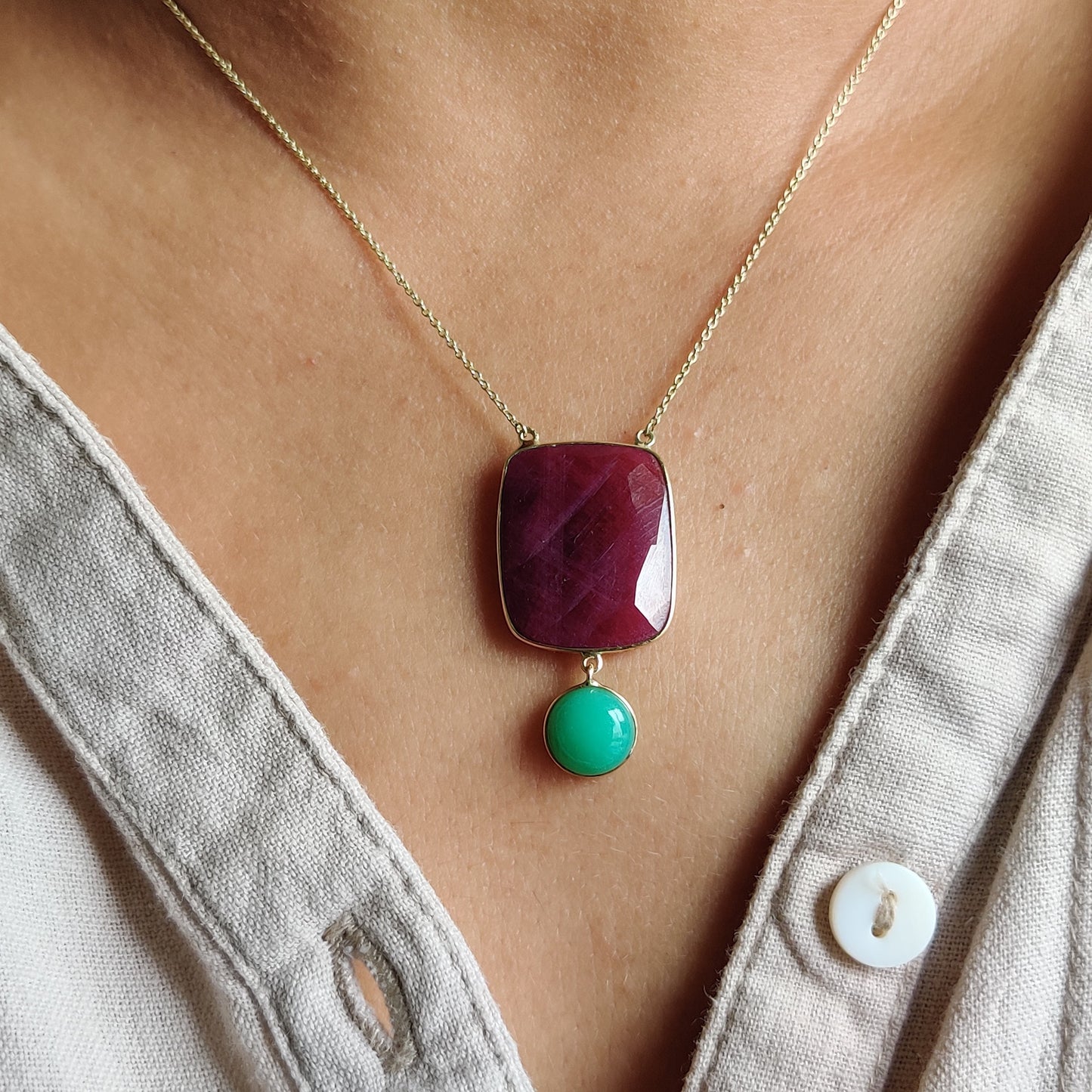 Natural Ruby Pendant, 14K Gold Ruby Chrysoprase Necklace, Solid Gold Pendant Necklace, July And June Birthstone, Christmas Present