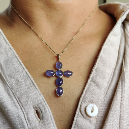 Natural Tanzanite Pendant, 14K Solid Yellow Gold Pendant, Tanzanite Jewelry, December Birthstone Pendant, Holy Cross Pendant, Christmas Gift