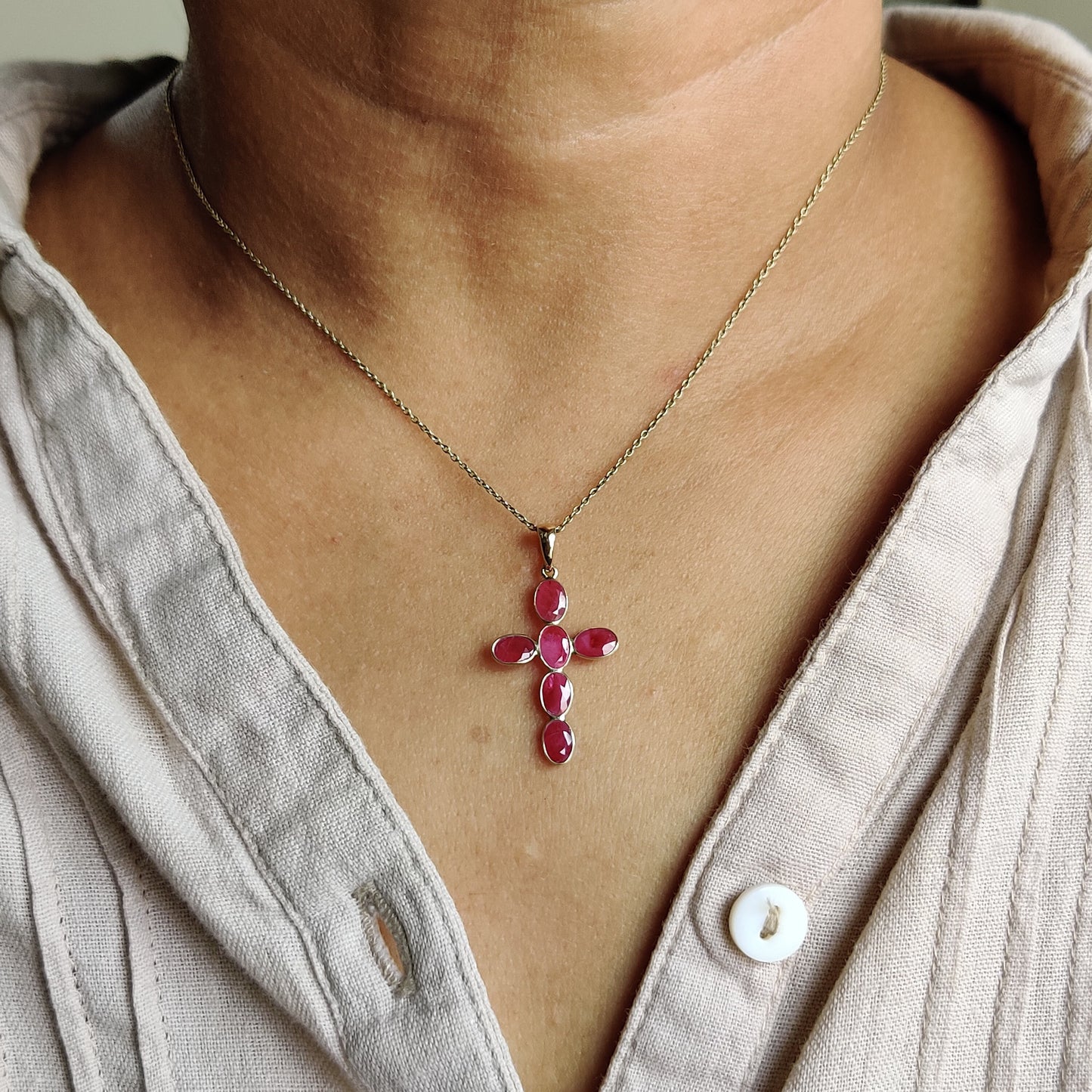 Natural Ruby Pendant, Holy Cross Pendant, 14K Solid Gold Ruby Pendant, Ruby Jewelry, July Birthstone, Christmas Gifts, Cross Gold Pendant