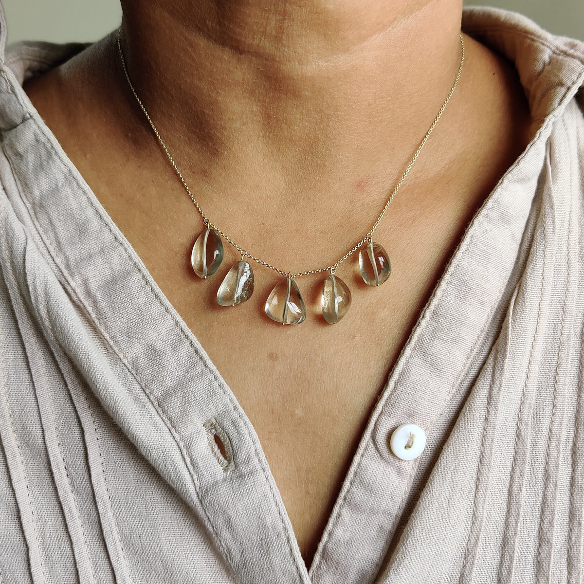 14K Solid Gold Natural Green Amethyst Drill Chain Necklace, February Birthstone