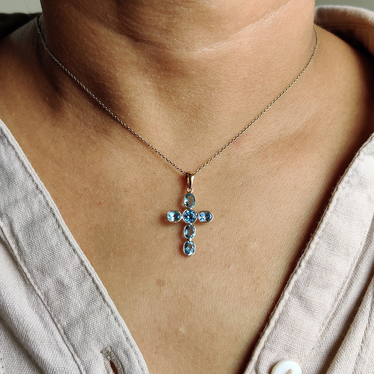 14K Solid Gold Natural Swiss Blue Topaz Cross Pendant, December Birthstone