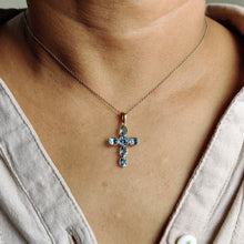 14K Solid Gold Natural Swiss Blue Topaz Cross Pendant, December Birthstone