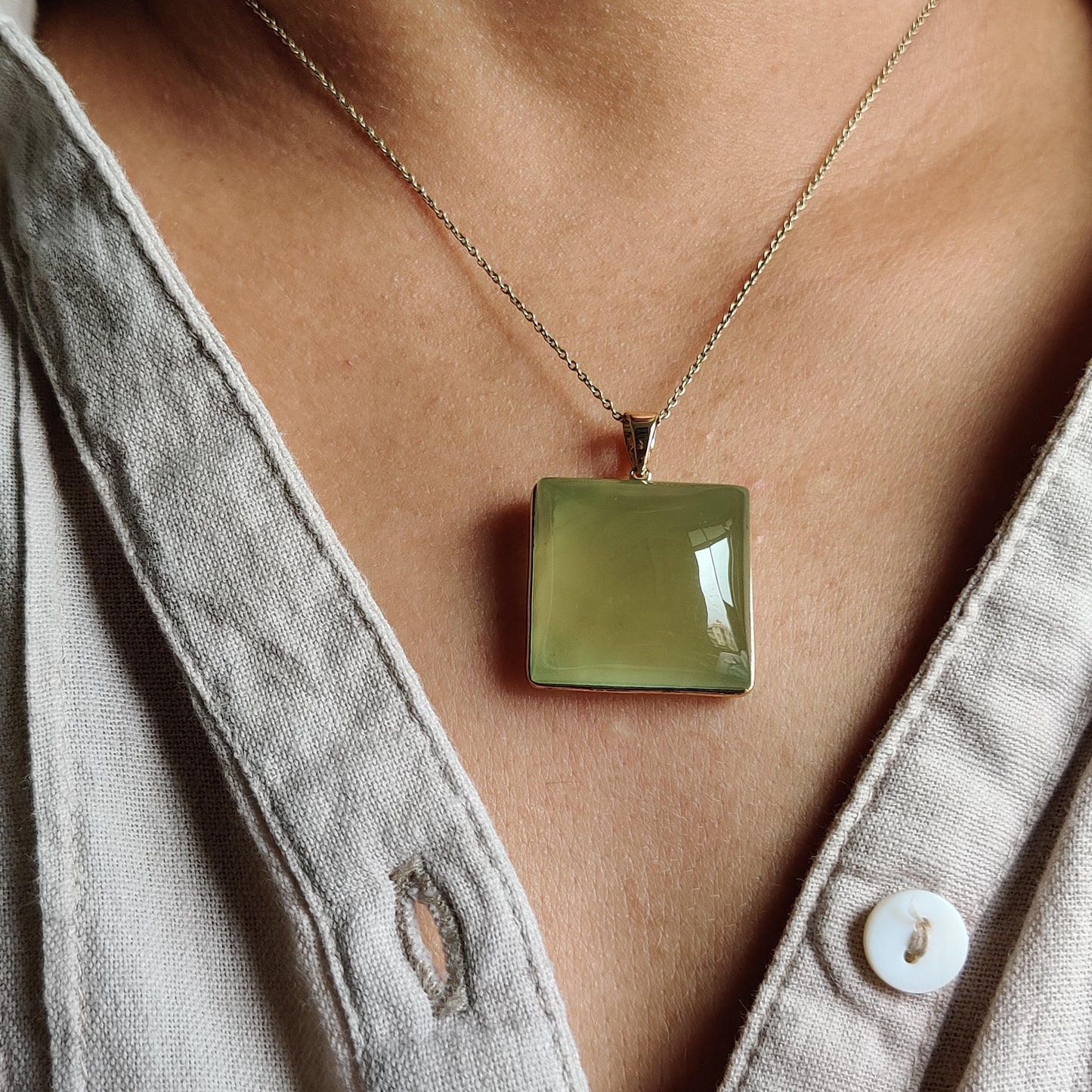 Natural Prehnite Pendant, 14K Solid Yellow Gold Prehnite Pendant, Gold Bezel Pendant, May June Birthstone, Birthday Gift, Prehnite Jewelry