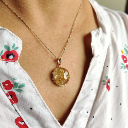 Natural Golden Rutile Pendant, 14K Solid Gold Rutile Pendant, Solid Gold Pendant Necklace, April Birthstone, Christmas Gift, Bezel Pendant