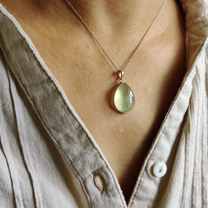 Natural Prehnite Pendant, 14K Solid Yellow Gold Prehnite Pendant, Solid Gold Pendant , May June Birthstone, Christmas Gift, Bezel Pendant